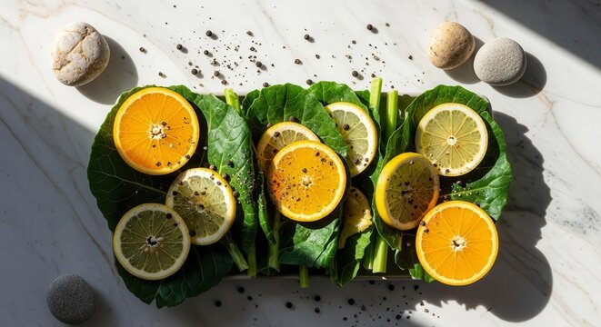 Vibrant Citrus Composition On Fresh Greens With Stones and Sunlight Enhanced Texture