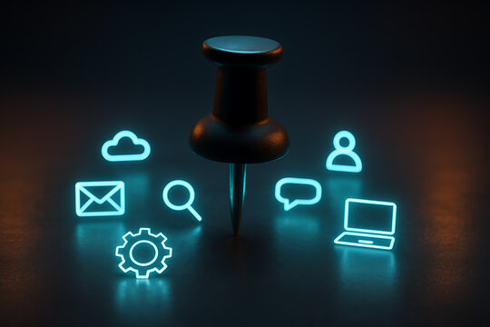 Black push pin surrounded by glowing social media icons on dark surface