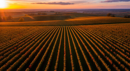 Dynamic Drone View of Sweeping European Vineyard Landscape at Dramatic Sunset with Copy Space