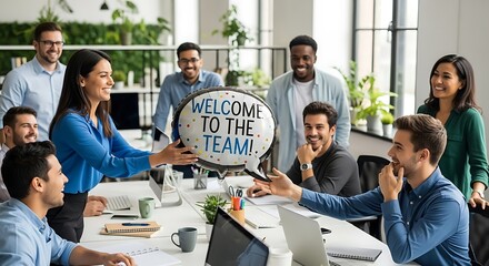 Smiling Diverse Team Welcomes New Colleague with 'Welcome to the Team!' Balloon in Modern Office