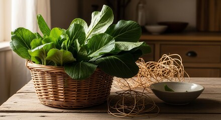 Vibrant Bok Choy Displayed in a Wicker Basket Placed on a Wooden Table