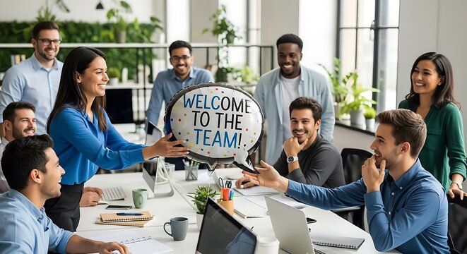 Smiling Diverse Team Welcomes New Colleague with 'Welcome to the Team!' Balloon in Modern Office