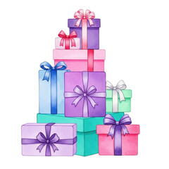 Fototapeta premium Stacked Presents: An array of vibrant gift boxes, each elegantly tied with a delicate ribbon, creates a captivating tower of anticipation and joy, perfect for any special occasion.