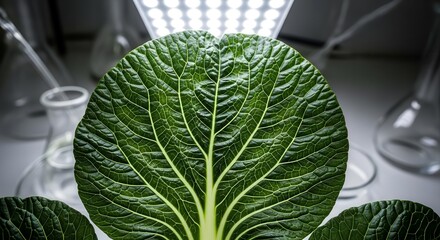 Vibrant Bok Choy Leaf in Scientific Environment with Laboratory Equipment Focused