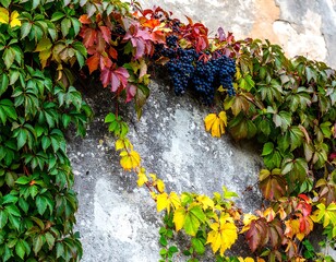 Autumnal vines cascading down a weathered stone wall