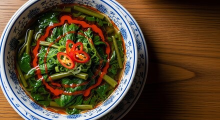 Vibrant Bowl Of Vegetable Soup With Chili Oil Garnished, And Exotic Flavors