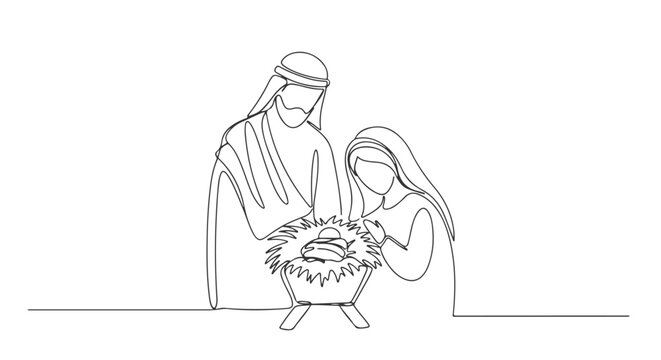 Continuous line drawing presenting essential Christmas symbols the Holy Family with Mary, Joseph, and infant Jesus in a manger, a minimalist vector illustration