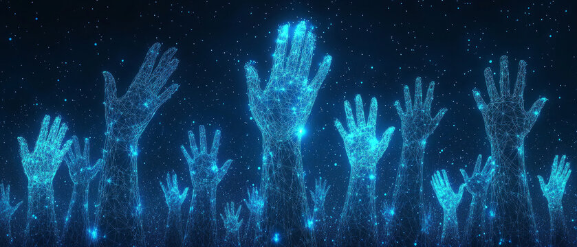 Glowing hands connected by a network of glowing lines against a dark background.
Can be used to illustrate themes of unity, technology, connection, teamwork, 