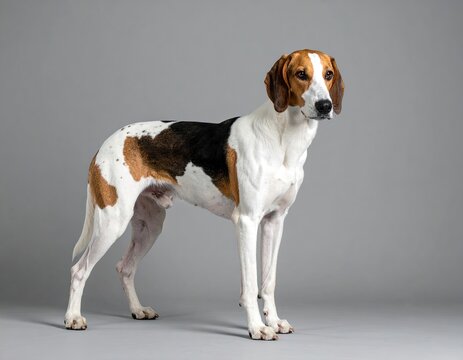 Elegant American Foxhound dog stands proudly on a gray backdrop showcasing its sleek coat and confident posture
