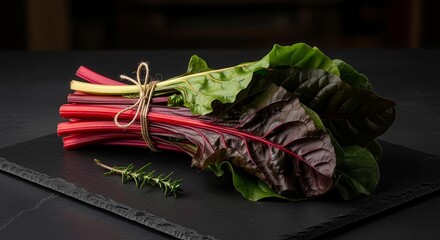 Vibrant Bundle Of Vivid Red Swiss Chard and Fresh Green Leaves On Dark Surface