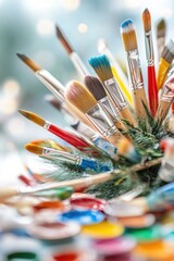 Fototapeta premium Vibrant paintbrushes in artistic arrangement with bokeh lights and colorful palette