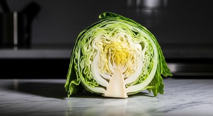Vibrant Cabbage Cross-Section Showcasing Interior Textures and Leafy Composition