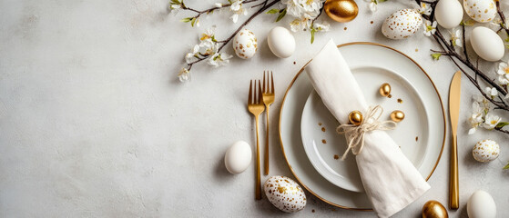 Easter table with white and gold eggs, branches of blossoming trees, cutlery.
Used for festive recipes, articles about traditions, card design, advertising cooking courses and decor.