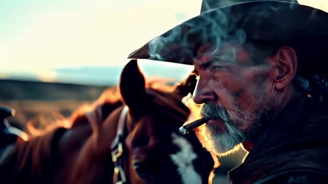 A closeup of a man with a horse in the background. The man is wearing a cowboy hat and has a cigarette in his mouth.