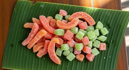 Vibrant Candied Delights: An Appetizing Arrangement on a Tropical Green Leaf