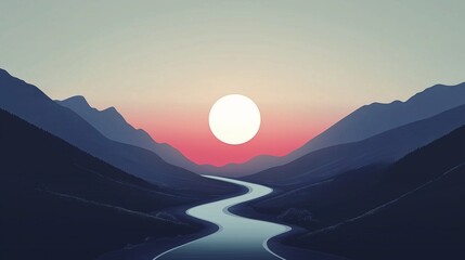 Minimalist Digital Art Landscape Featuring a Winding River Through Mountain Silhouettes at Sunset