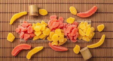 Vibrant Candied Fruits Arrayed Beautifully On Bamboo Mat With A Tasteful Arrangement