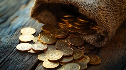 listening Gold Coins Spilling Out of a Burlap Sack onto a Rustic Wooden Table