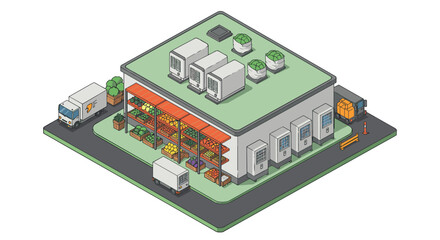 Obraz premium Modern isometric warehouse with delivery trucks and rooftop garden