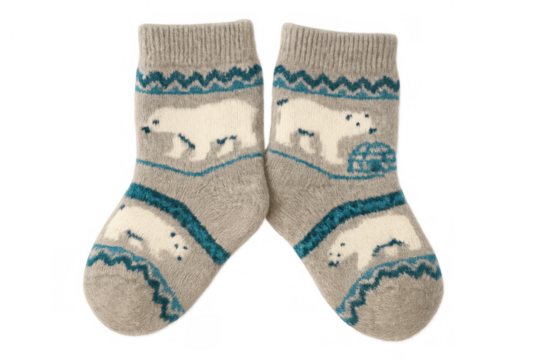 Pair of children's warm fuzzy socks with polar bear and igloo pattern, winter clothing concept on transparent background