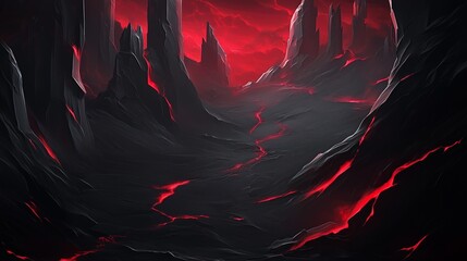 Fiery Underworld Landscape: Dark, Craggy Peaks with Glowing Red Lava Cracks and Volcanic Sky