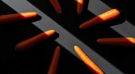 Vibrant Carrots Arranged Creatively on a Dramatic Black Surface in Sunlit Rays