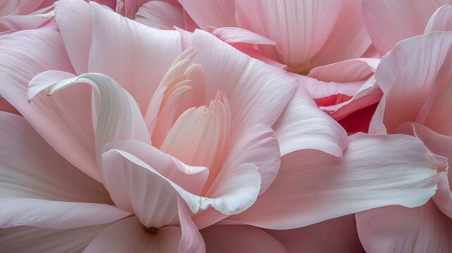 Close up photograph of delicate pastel pink flower petals with soft lighting and a blurred background.