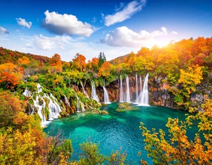 Autumnal waterfall cascade in a serene lake setting
