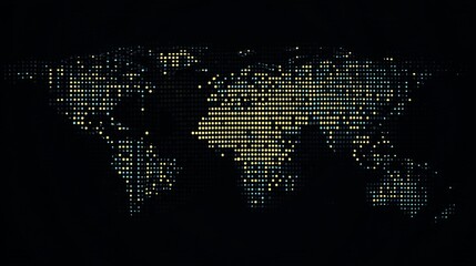 Digital World Map Grid: Global Data Visualization with Yellow and Blue Illuminated Dots on Black