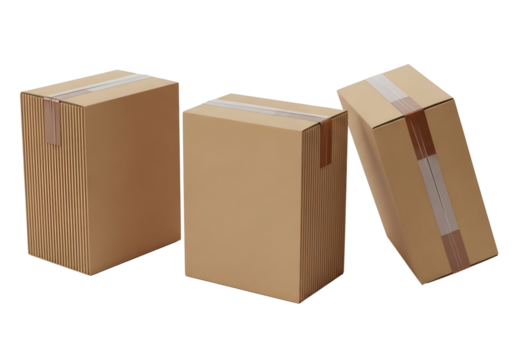 Three cardboard shipping boxes isolated on transparent background