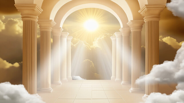 Heavenly gate with ancient columns and bright light above clouds