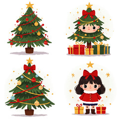 Festive illustrations showcasing decorated Christmas trees and a cheerful girl with presents.