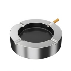 Sleek Metal Ashtray with Lit Cigarette Isolated on White perfect for Health campaigns, anti-smoking advertisements,