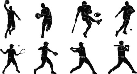 Silhouette, athlete, sports, action, basketball, football, tennis, baseball, dynamic, motion, black, flat, vector, illustration, isolated, pose, energetic, cad, drawing, design