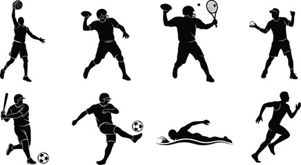 Silhouette sports athletes, dynamic action poses, basketball, football, baseball, soccer, swimming, running, fitness, black vector, cad drawing flat vector illustration