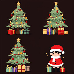 Festive illustration featuring Christmas trees, gifts, and a child dressed in a Santa outfit.