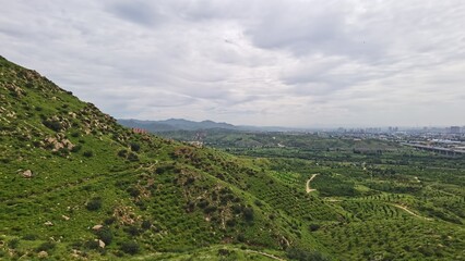 Springtime brings clear skies and lush greenery everywhere; a wooden path leads up the mountain.