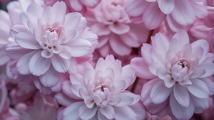 Close up view of beautiful pale pink dahlia flowers in full bloom creating a soft floral background