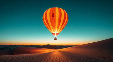 Fototapeta premium A vibrant hot air balloon ascends over desert dunes during a beautiful sunset, casting warm light.