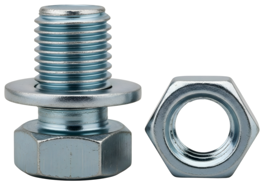 Metal bolt with washer and nut isolated on transparent background - Powered by Adobe