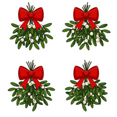 Four festive mistletoe sprigs with red bows, ready for holiday celebrations.
