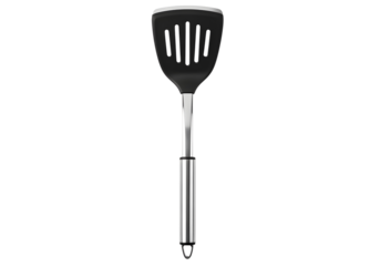 Black slotted spatula with metal handle isolated on transparent background