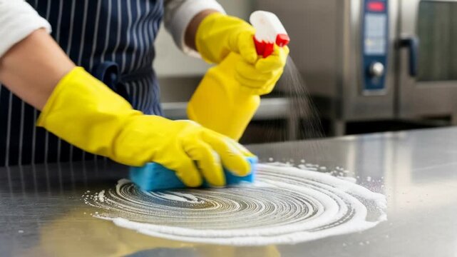 Cleaning professional wearing yellow gloves disinfecting kitchen surface with spray bottle and sponge.