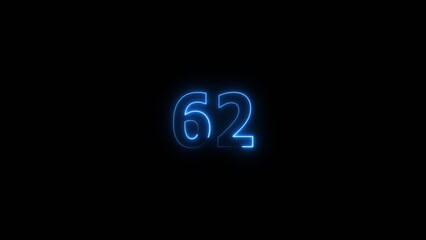 Neon countdown number 62 icon illustration background 4K.	