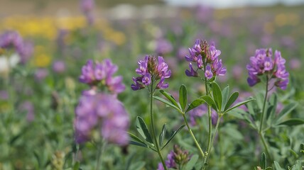 Close up view of vibrant purple alfalfa flowers growing in a field during a sunny day