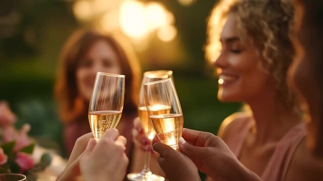 Multiracial ladies toasting champagne at a sunset hen party, festive gatherings in bachelorette events, joyful moments in evening cheers, celebration vibes with sunset glow, event