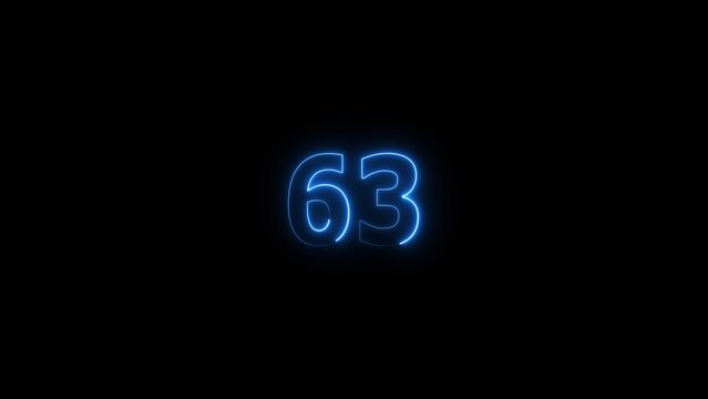 Neon countdown number 63 icon illustration background 4K.	