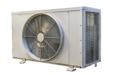Outdoor air conditioning condenser unit, white rectangular box with circular fan grille, heat pump, isolated on a transparent background
