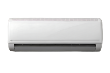 Contemporary white split-system air conditioning unit with top ventilation panel and horizontal louvers, isolated on a transparent background