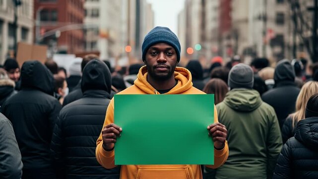 Serious Man Holds Blank Green Sign in Urban Protest Crowd